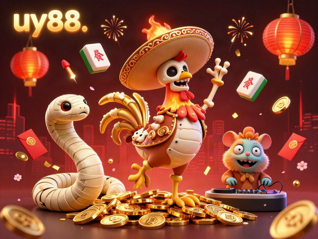 Join the excitement at uy88 with a lively 3D casino scene showcasing vibrant characters dancing amidst golden treasures.
