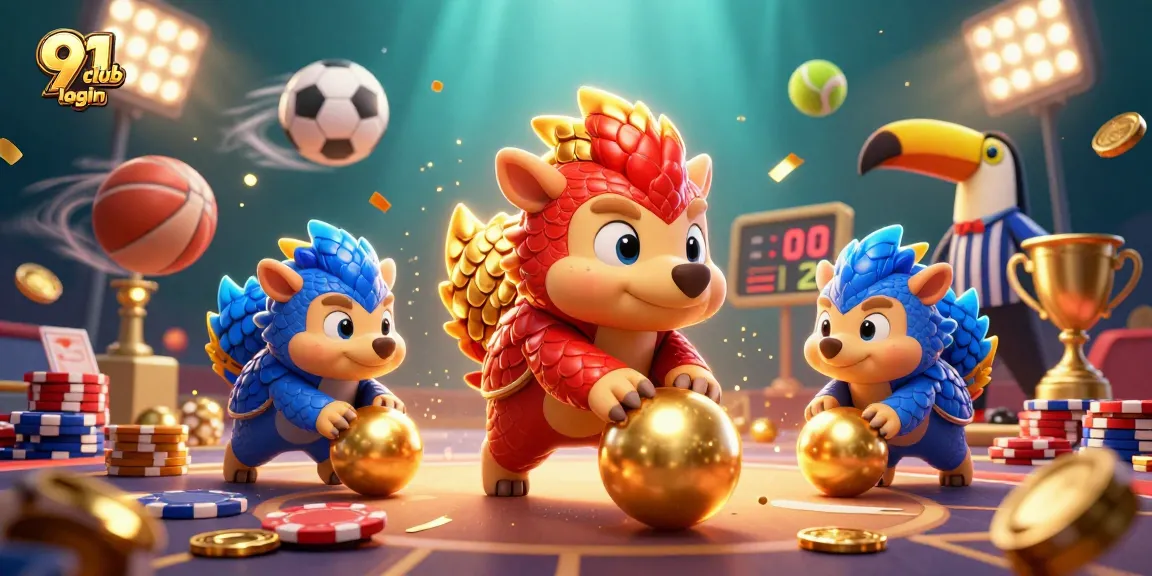 Engaging 91 club login scene showcasing pangolins rolling through poker chips in dynamic casino atmosphere.