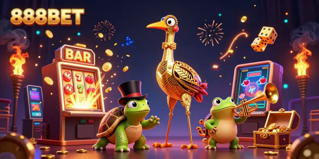 Experience vibrant gaming thrills with 888BET's jackpot explosion and animated characters.