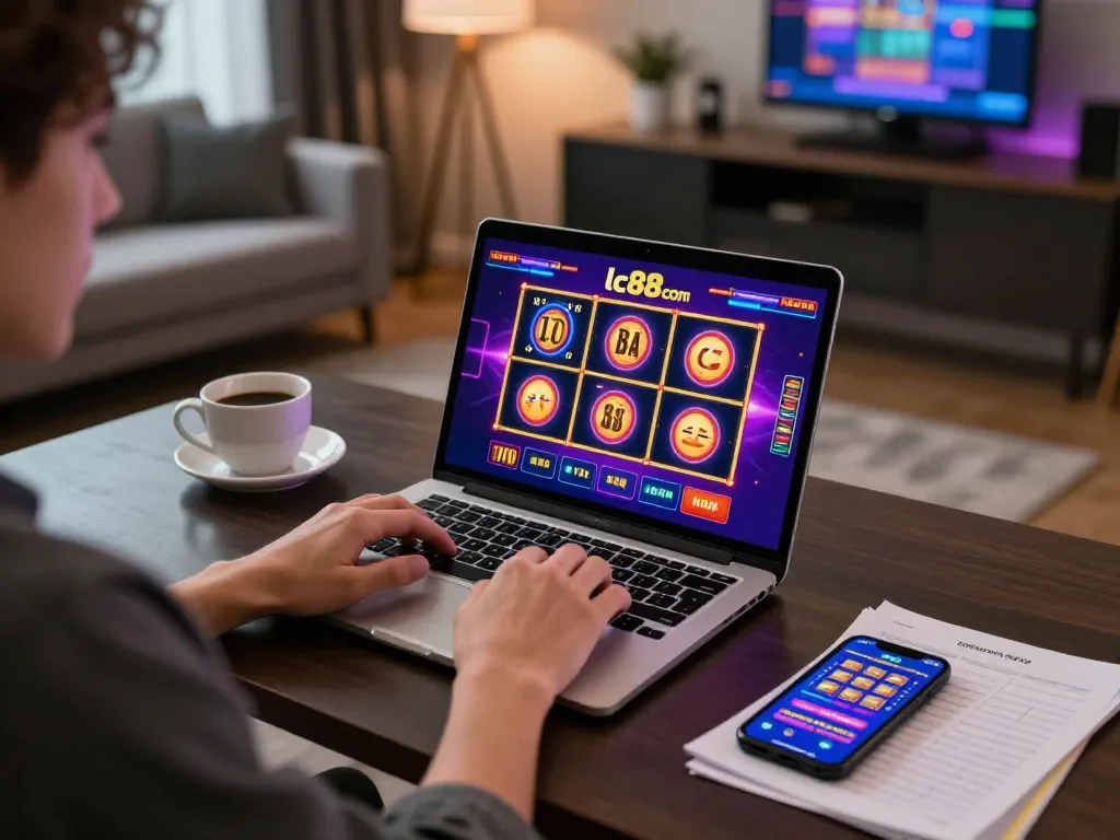 Engaged player using lc88 com interface on laptop for online casino gaming in stylish home office.