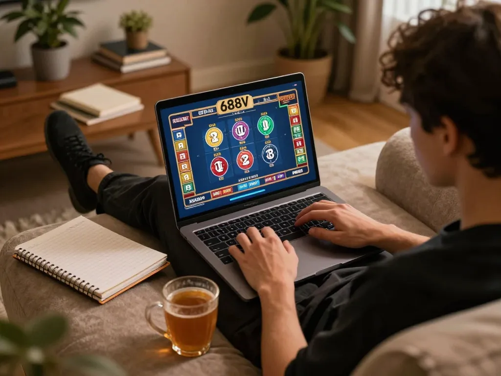 Engaging in online gaming at home with 688vbest through a laptop, showcasing a personalized gaming setup