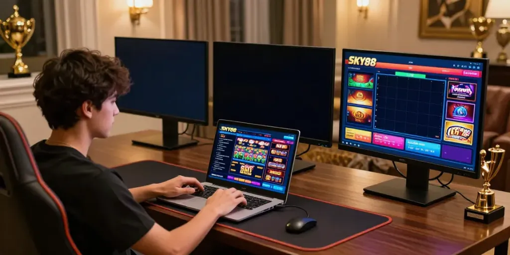 Engaged user exploring sky88 online gambling platform on laptop and smartphone in a vibrant home setting.