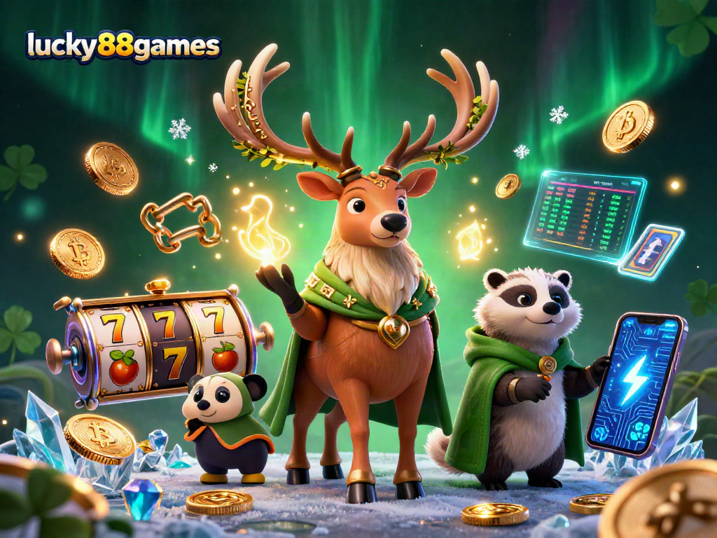 Engage with lucky88games through this vibrant 3D casino illustration of mythical characters and slot elements.