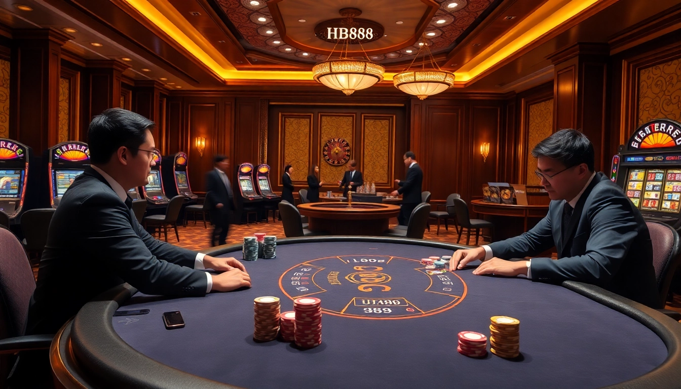 Engage in a high-stakes poker game at HB888's luxurious casino setting.