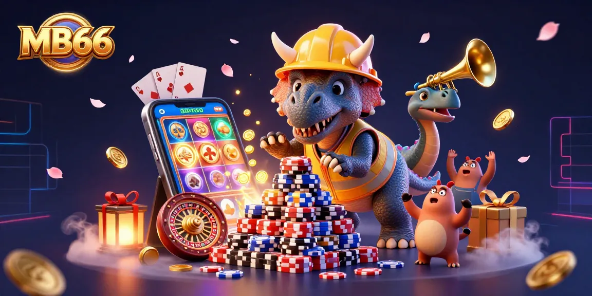 MB66 players celebrate with a vibrant 3D illustration featuring a triceratops and friends amidst casino excitement.