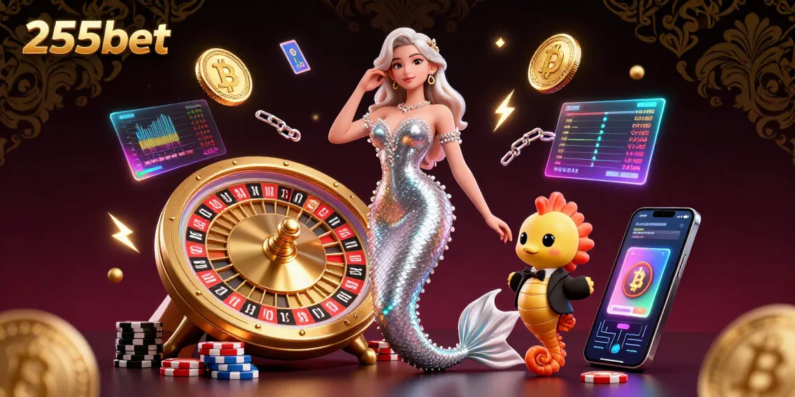Experimente a emoção dos jogos com 255bet nesta vibrante cena de cassino 3D apresentando roleta e elementos de criptomoeda.