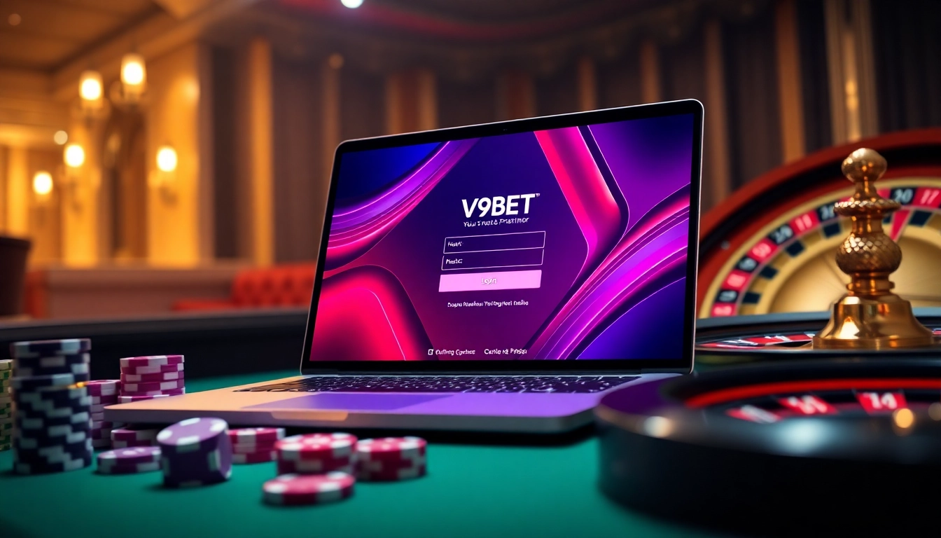 v9bet đang nhập on a luxury laptop surrounded by colorful casino elements, creating an exciting atmosphere.