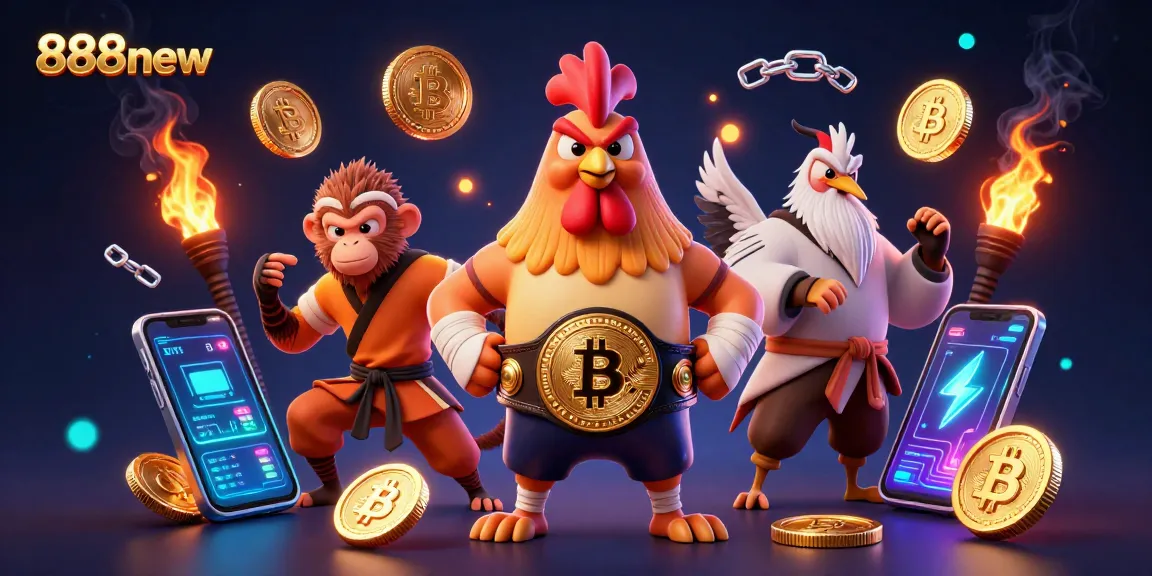 Engage in thrilling gaming with 888new's lively scene featuring a Muay Thai rooster and martial artists.