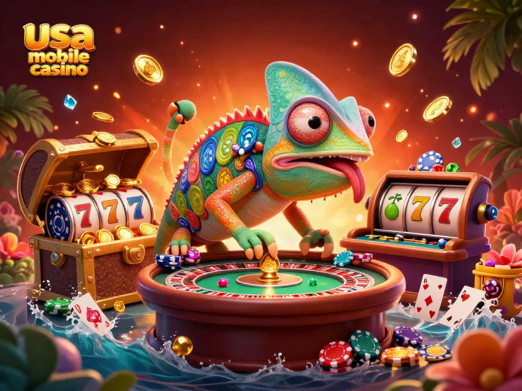 Explore the vibrant world of usa mobile casino with a colorful chameleon casino owner among dynamic gaming elements.