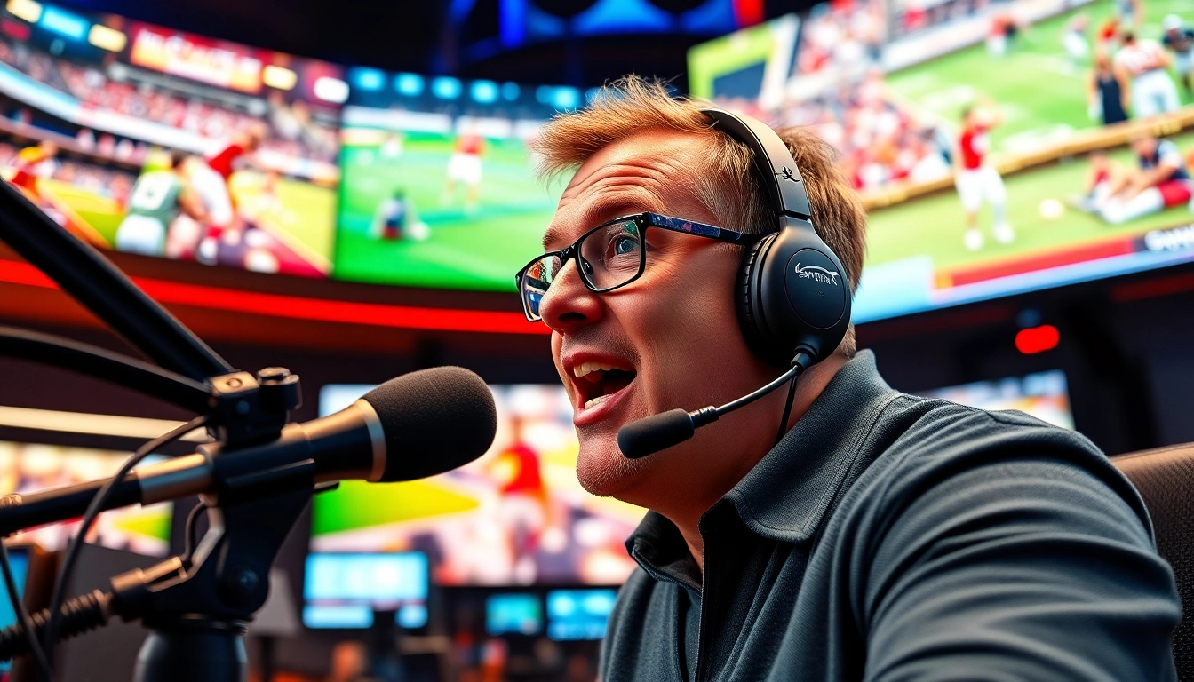 Announcer engaging in sports broadcasting, showcasing excitement and energy while commenting on a live game.