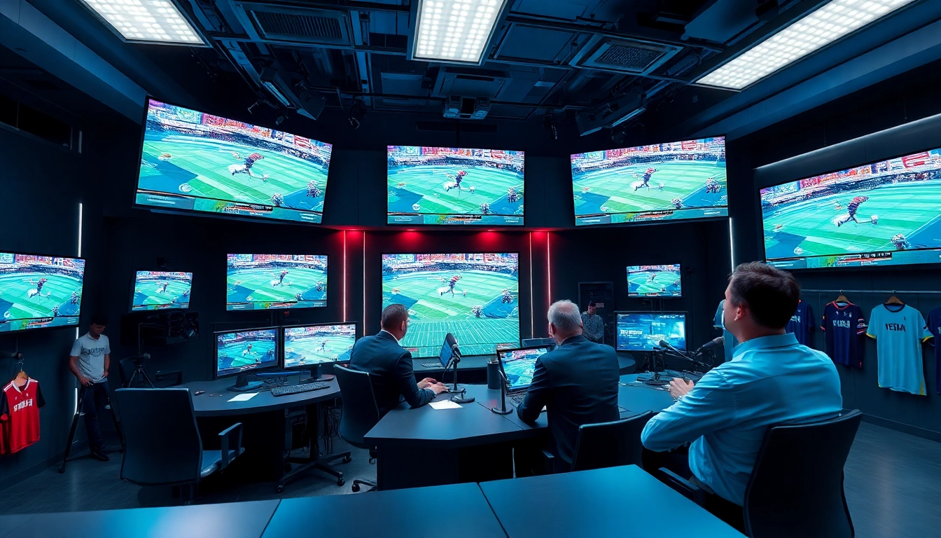 Engaging scene of sports broadcasting with broadcasters in action and multiple screens displaying live events.