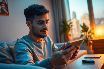 Engaging with the Crushon AI chatbot in a modern living room setting with ambient lighting.