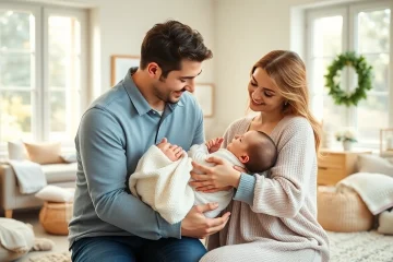Family with new born baby joyfully sitting together in a cozy home setting, radiating warmth.