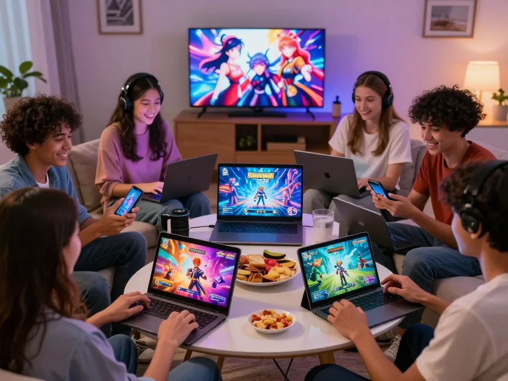 Diverse group enjoying adult games on various devices in a cozy setting.