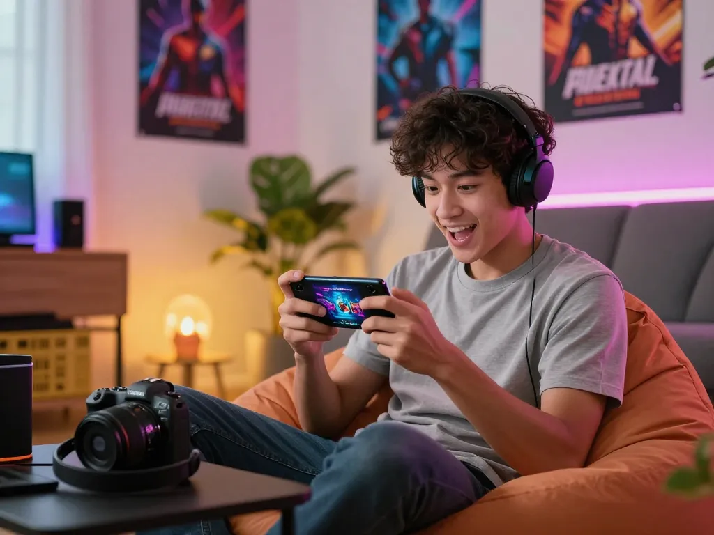 Young man enjoying a mobile porn game in his cozy gaming setup.